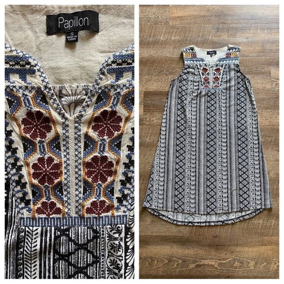 Papillon Embroidered Dress Split Yoke Small Festival Boho Vacation Summer - Picture 4 of 9